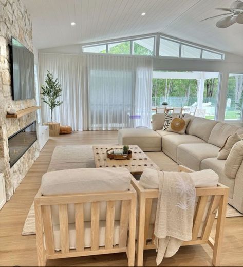 Cabinets Under Window, Hamptons Lounge Room, Raised Kitchen, Contemporary Coastal Living Room, Hamptons Lounge, Mood Board Living Room, Byron Beach, Window Living Room, Californian Bungalow