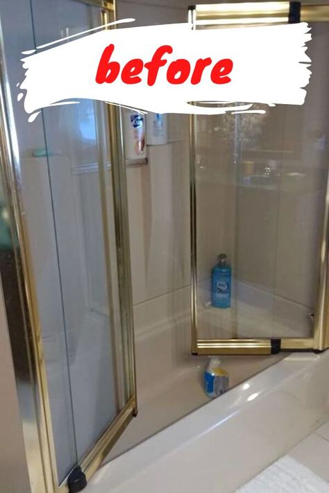 Update Shower On A Budget, Old Bathroom Shower Makeover, Old Bathroom Rental Makeover, Redo Shower Door, Spray Paint Shower Fixtures Gold, Gold Trim Shower Doors, Shower Remodel Diy Budget, Diy Shower Update, Rental Shower Makeover