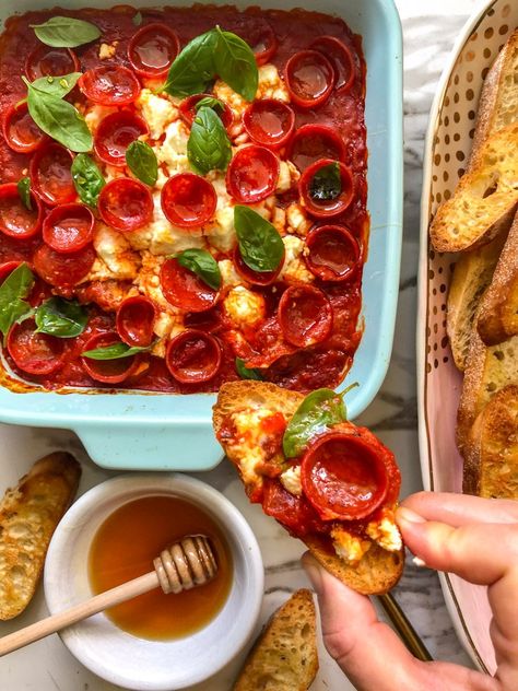 Goat Cheese Pepperoni Pizza Dip with Hot Honey - Grilled Cheese Social Hot Honey Pizza, Pepperoni Pizza Dip, Honey Pizza, Mackenzie Smith, Easy Bruschetta, Fried Goat Cheese, Baked Goat Cheese, Pizza Dip, Pasta Recipes Alfredo