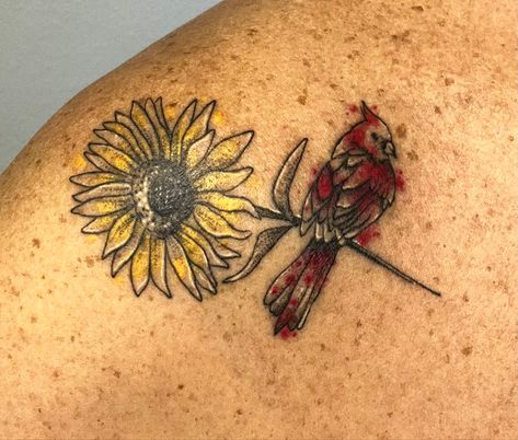 Cardinal & sunflower watercolor tattoo Cardinal And Sunflower Tattoo, Cardinal Tattoos, Red Bird Tattoos, Sunflower Tattoo, Watercolor Sunflower, Birds Tattoo, Red Birds, Watercolor Tattoo, Sunflower