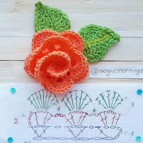 Crochet Puff Flower, Crochet Flowers Free Pattern, Crochet Leaves, Crochet Flower Tutorial, Crochet Rose, Crochet Heart, Crochet Flower Patterns, Crochet Diagram, Crochet Applique