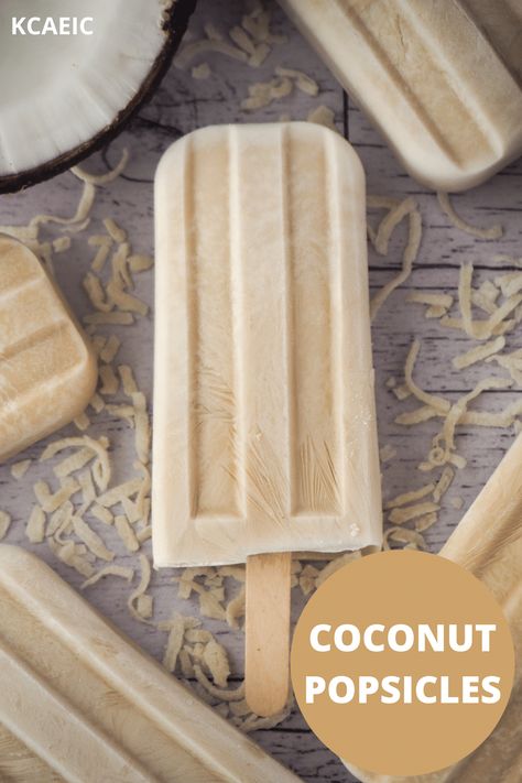 These coconut popsicles are fresh, creamy and delicious. With just four ingredients and no refined sugar they are a vegan treat the whole family will love. Fruit Popsicle Recipes, Coconut Popsicles, Fruit Popsicles, Ice Cream Maker Recipes, Fruit Ice Cream, Coconut Ice, Cold Treats, Cold Desserts, Vanilla Coconut