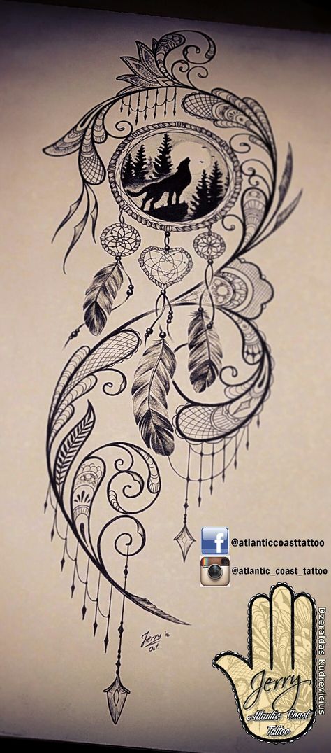 Beautiful tattoo idea design for a thigh, dream catcher tattoo, wolf tattoo ideas. By dzeraldas jerry kudrevicius from Atlantic Coast tattoo. Pretty detail mandala style, lace tattoo design Dream Catcher Tattoo Design, Lace Tattoo Design, Tattoo Trend, Dream Catcher Tattoo, Inspiration Tattoos, Geniale Tattoos, Initial Tattoo, Lace Tattoo, Wolf Tattoos