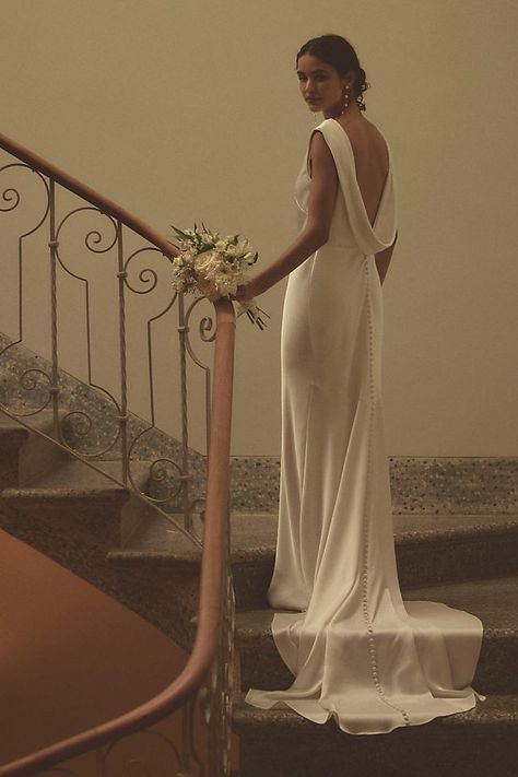 High Neck Low Back Long Sleeve Wedding Dress, Jenny By Jenny Yoo, Sleek Wedding Dress, Chic Wedding Dresses, Satin Wedding Gown, Timeless Wedding Dress, Classy Wedding Dress, Anthropologie Wedding, Silk Wedding Dress