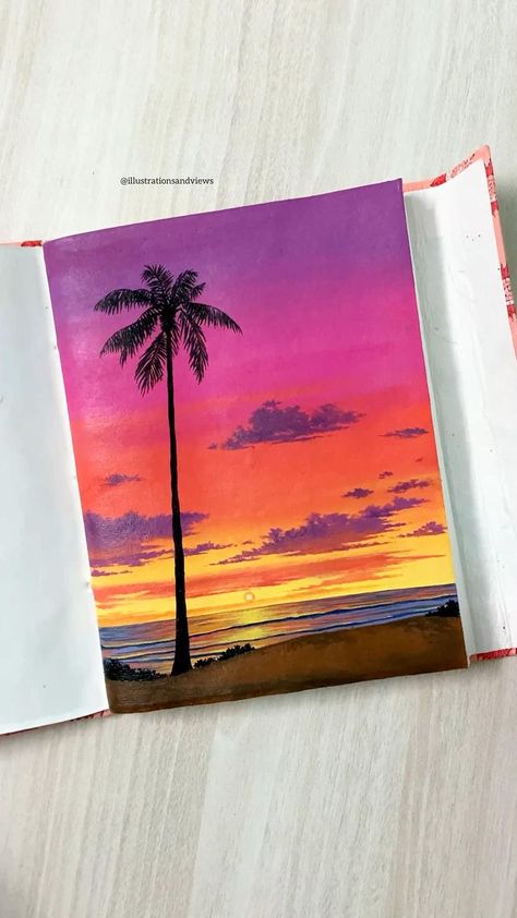 Sunset Acrylic Painting, Beach Sunset Painting, Aesthetic Painting Ideas On Canvas, Sunset Acrylic, Poster Color Painting, Sunset Painting Acrylic, Seni Pastel, Painting Ideas On Canvas Easy, Aesthetic Painting Ideas