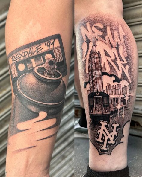 Nyc Tattoo Sleeve, Street Name Tattoo, Street Tattoo Design, Urban Tattoos Designs, Graffiti Tattoo Design, Hiphop Tattoo, Hip Hop Tattoo, Urban Tattoos, Famous Tattoo Artists