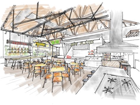 Perspective interior concept sketch of a food hall in Los Angeles Sketch Restaurant, Gullivers Travels, Food Court Design, Interior Architecture Sketch, Drawing Model, Furniture Design Sketches, Facade Material, Interior Design Renderings, Interior Architecture Drawing