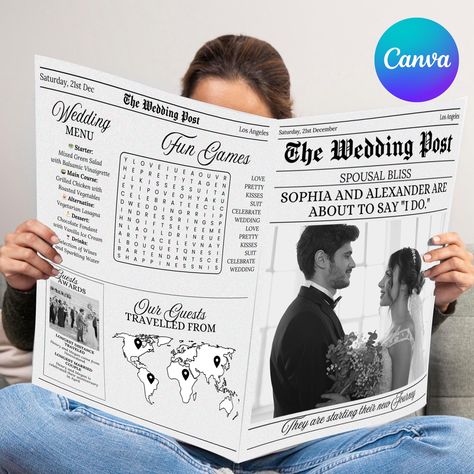 Folded Printable Wedding Newspaper Program Canva Template, Newlywed Times Newspaper Wedding Program, Infographic Ceremony Newspaper Schedule Celebrate Your Love Story with a Customizable Wedding Newspaper! 📰💍 Make your wedding day even more memorable with our Canva Editable Wedding Newspaper Template! Perfect for couples who want to share their unique love story in a fun and creative way. This fully customizable template allows you to include your favorite photos, heartfelt messages, and speci Newspaper Wedding Invitations, Wedding Newspaper Template, Wedding Booklet, Newspaper Wedding, Wedding Program Design, Newspaper Wedding Programs, Newspaper Program, Wedding Games For Guests, Printable Programs