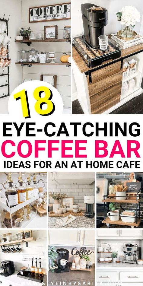 Looking for the best coffee bar ideas to start the morning right? Here are 18 of the most gorgeous and practical coffee station ideas. Office Desk Coffee Bar, Kitchen Coffee And Tea Station, Drinking Station Home, Coffee Bar For Apartment, Modern Office Coffee Station Ideas, How To Display Coffee Syrups, Home Bar Decoration Ideas, Items For Coffee Bar, Organizing Coffee Station