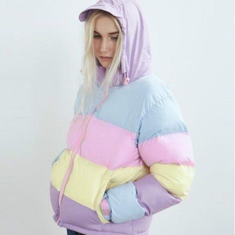 KAWAII HARAJUKU STYLE PASTEL RAINBOW JACKET This super cute puffer jacket is an essential piece to help up brighten up + finish any outfit! + It's so cozy! Filled with cotton helping keep you snug, warm & cozy! Available in 2 different sizes.  Size Guide:  Size Shoulder Bust Sleeve Length S 43cm / 16.9" 104cm / 40. Pastel Streetwear, Rainbow Coat, Oversized Parka, Winter Fashion Jackets, Warm Winter Jackets, Parka Women, Streetwear Outfits, Harajuku Fashion, Cotton Pads