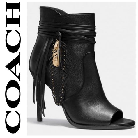 Coach Q6609 Laurel Mill Stiletto Bootie Stiletto Heel 3.75” Heel Peep Toe Features Wrapped Leather Straps Around Ankles With Feather Charms Like New! These Boots Were Worn One Time For A Couple Of Hours. Other Than The Expected Scuffing On The Bottoms From Wear They Look Brand New. Beyond Bold, These Dramatically Fringed Statement Booties Are Striking In Black Leather With A Stiletto Heel, A Peep-Toe, Studs And Custom Feather Details. Leather. 3 3/4" Heel. Color: Black Comfy Heels, Going Shopping, Shoe Trends, 3 Shoes, Fabulous Shoes, Hot Shoes, Shoe Lover, Coach Shoes, Leather Booties