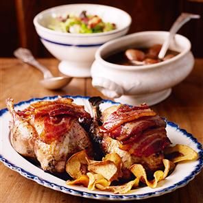 Roast partridge with caramelised balsamic shallot sauce Partridge Recipes, Partridge Recipe, Christmas Roast Recipes, Shallot Sauce, Christmas Roast, Cabbage And Bacon, Delicious Magazine, Romantic Christmas, God Mat