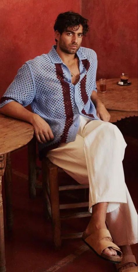 Summer Clothes Aesthetic Men, Knitted Shirts Men, Sabyasachi Menswear, Crochet Shirt Outfit, Table Sketch, Crochet Clothes For Men, Crochet Outfit, Crochet Men, Colors And Patterns