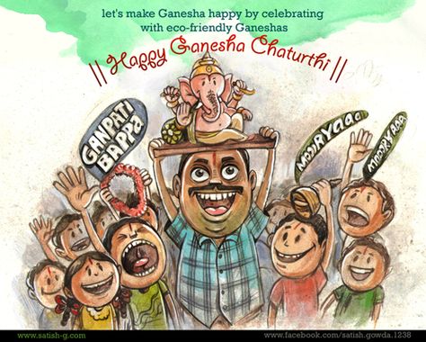 Ganesh Chaturthi Illustration, Ganesh Cartoon, Satish Gangaiah, Ganpati Bappa Images, Bappa Images, Indian Cartoon, Ganesh Chaturthi Greetings, Dancing Funny, Diwali 2022