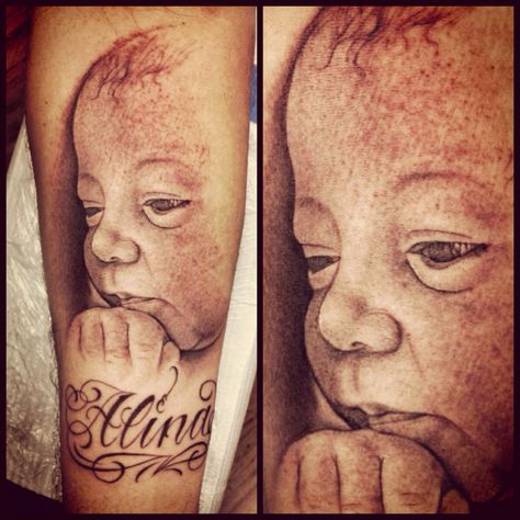 Portrait of my daughter on her born day when she first open her eyes. Baby Portrait Tattoo, Eye Tattoo, Tattoos For Daughters, S Tattoo, Portrait Tattoo, Tattoos