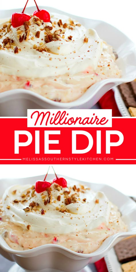 This Millionaire Pie Dip is a yummy summer dessert brimming with crushed pineapple, flaked coconut, toasted pecans, and sweet maraschino cherries. It also makes a great 4th of July dessert idea! Millionaire Pie, Entertaining Desserts, Dessert Dip Recipes, Pie Dip, Bbq Desserts, Fun Dessert, Chocolate Graham Crackers, Dip Recipes Easy, Savory Dishes