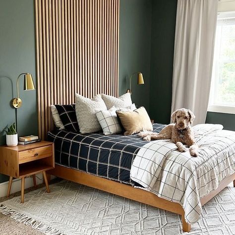 One Room Challenge® on Instagram: "@nichole_schofield created this amazing room for her son during the recent spring '22 ORC. This space is so cool, minimal, and masculine, and that gorgeous green paint paired with natural wood keeps it feeling cozy. 💚" Accent Behind Bed, Color Bedroom, One Room Challenge, Wood Accent, Room Challenge, Interior Modern, Modern Interiors, Green Paint, Wood Accents