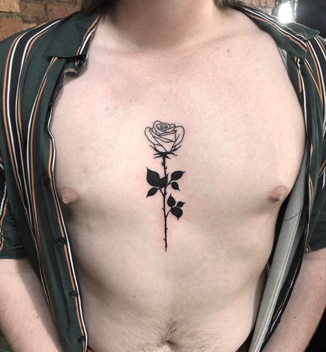 melb, aus Rose With Stem Tattoo Men, Single Rose Tattoo Men, Roses Chest Tattoo For Men, Rose Chest Tattoo Men Ideas, Rose In Middle Of Chest Tattoo, Rose Stem Tattoo, Men Flower Tattoo, Realistic Rose Tattoo, Rose Flower Tattoos