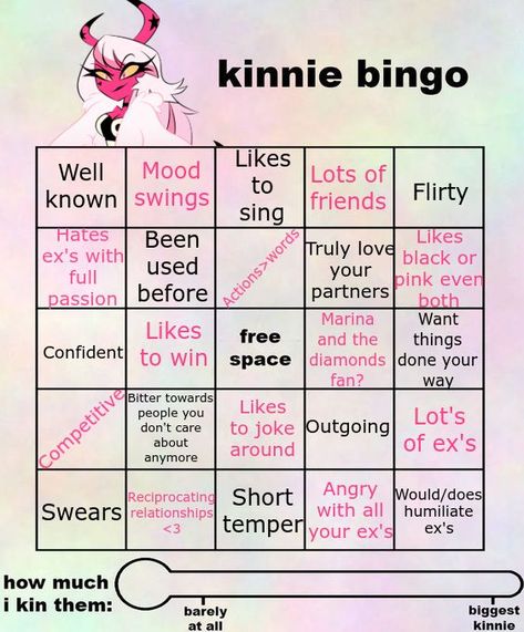 Kinnie Bingo Helluva Boss, Helluva Boss Kinnie Bingo, Hazbin Hotel Bingo, Hazbin Hotel Kinnie Bingo, Bingo Meme, Character Bingo, Kin Bingo, Verosika Mayday, Kinnie Bingo