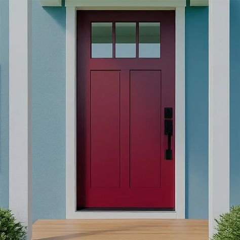 16 Stunning Front Door Colors for Blue Houses - Home Deviser Dark Red Doors On Houses, Blue House Red Door, Red Doors On Houses, Stone Cottage Exterior, Navy Blue Houses, Light Blue Houses, Dark Blue Houses, Brown Front Doors, Orange Front Doors