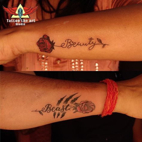 Couple Tattoo Beauty And The Beast, Beauty Beast Couple Tattoo, Beauty And Beast Matching Tattoos, Matching Beauty And The Beast Tattoos, Her Beast His Beauty Tattoo, Beauty Beast Tattoo Couples, Beauty And Beast Couple Tattoo, Beauty And The Beast Matching Tattoos, Beauty The Beast Tattoos