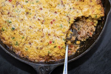 Carnitas Tamale Pie — SAM THE COOKING GUY Beef Tamale Pie, Tamale Pie Recipe, Beef Tamales, Pork Tamales, Chipotle Chili Powder, Tamale Pie, Green Enchilada Sauce, Green Sauce, Enchilada Sauce