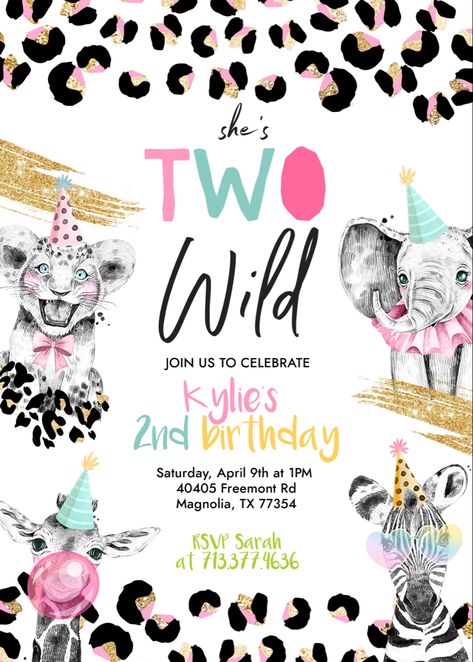 Two Wild Birthday Party Girl Decorations, Birthday Ideas For 2 Year Girl, Second Birthday Animal Theme, 2 Wild Birthday Party Girl, Pink Two Wild Party, Girl Safari Birthday Party, She’s Two Wild Birthday, Born Two Be Wild Birthday Girl, Pink Jungle Birthday Party