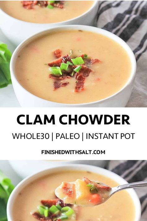 This Clam Chowder has all the classic chowder taste while still being Whole30, Paleo, Gluten Free and Dairy Free! #finishedwithsalt #clamchowder #chowder #soup #dinner #easydinner #instantpot #whole30 #paleo #recipe #glutenfreechowder #glutenfree #grainfree #dairyfreeclamchowder #healthymeal | finishedwithsalt.com Paleo Instant Pot, Quick Family Meals, Paleo Soup, Chowder Soup, Paleo Recipe, Instant Pot Soup, Soup Dinner, Clam Chowder, Chowder Recipes