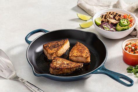 Blackened Mahi Taco Bowls | Le Creuset® Official Site Le Creuset Grill Pan, Grill Pan Recipes, Le Creuset Skillet, Mahi Mahi Tacos, Le Creuset Cast Iron, Enameled Cast Iron Cookware, Taco Bowls, Lime Dressing, Green Cabbage