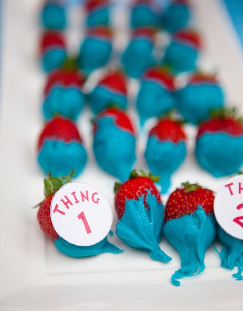 Chocolate dipped strawberries at a Dr. Seuss Party #drseuss #strawberries Dr Suess Baby, Doctor Suess Birthday, Dr Seuss Party Ideas, Motto Party, Dr Seuss Birthday Party, Dr Seuss Baby Shower, Dr. Seuss, Seuss Party, Dr Seuss Birthday