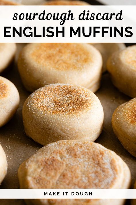 Discover how to make Sourdough Discard English Muffins with this easy, no-mixer recipe! Perfect for a quick breakfast or snack, these muffins use your sourdough discard in a deliciously simple way. No milk needed, and they're ready the same day. Visit makeitdough.com for more sourdough ideas and recipes! Discard English Muffins, Sourdough Discard English Muffins, Discard Muffins, Sourdough Discard Muffins, Muffins Easy Recipe, Sourdough English Muffin Recipe, Recipe Using Sourdough Starter, Sourdough English Muffins, English Muffin Recipes