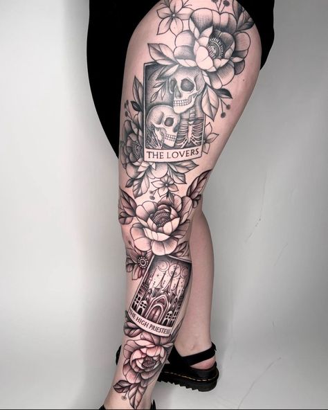 Tarot Card Tattoo Sleeve, Tarot Tattoo Sleeve, 27 Tattoo, Shin Tattoo, Tarot Card Tattoo, Tarot Tattoo, Full Leg Tattoos, Wicked Tattoos, Leg Tattoos Women