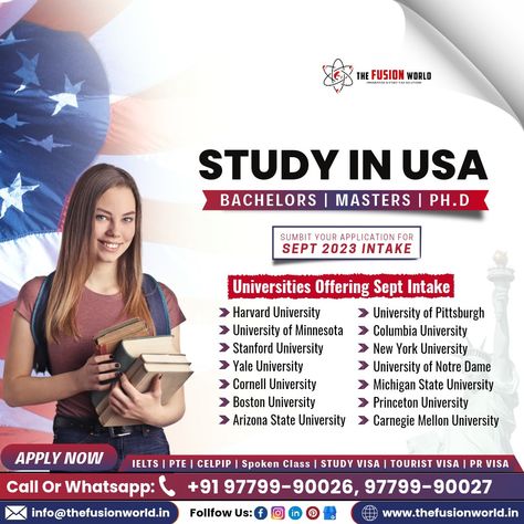 Dreaming of studying in the USA? Make it a reality and elevate your future with Fusion WOrld! 🚀🌟🇺🇸 🌟 Don't miss out on the chance to enroll in the Sept 2023 intake at one of these USA Top ranked Universities. Apply now! 📝 Study In Usa, Life In Usa, Visa Consultant, Boston University, Uni Life, University Of Pittsburgh, Cornell University, Princeton University, York University