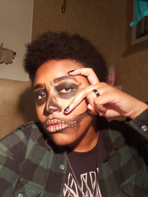 Selfie of a man with skeleton inspired makeup on his face. Pose: face angled to the left facing the right side of the screen, with hand splayed over face with fingers formed in the shape of a half-heart around the left eye. Skeleton Makeup, Skull Makeup, Halloween Makeup, Halloween Face, Skeleton, Face Makeup, To Look, Halloween Face Makeup, That Look