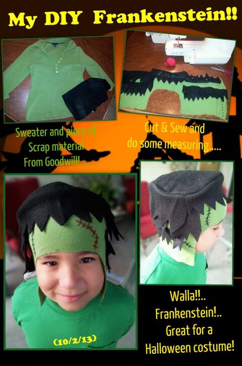 My DIY  Frankenstein costume made from a sweater and  scrap material I found at Goodwills!.. Too cute!..My son modeling it for me!..Lol!  Great Halloween Costume!! Frankenstein Mask Diy, Diy Frankenstein Costume, Frankenstein Costume Kids, Dear Edwina, Diy Frankenstein, Funny Kid Costumes, Frankenstein Mask, Kid Costumes, Frankenstein Costume