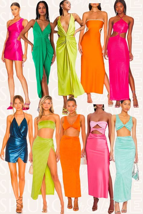 Miami Dress Style, Miami Vice Formal Dress, Bright Dresses Party, Colorful Beach Wedding Dress, Trendy Strapless Vacation Dresses, Disco Garden Party Outfit, Strapless Tropical Dress For Beach Season, Chic Strapless Beach Dress, Strapless Beach Party Dresses