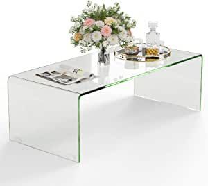 Casart Glass Coffee Table, U-Shape Tempered Glass Tea Table with Smooth Round Edges, Simple Minimalist Waterfall End Table for Living Room Office Hotel, No Assembly Waterfall Table, Clear Coffee Table, Glass End Table, Modern Glass Coffee Table, Minimalism Design, Acrylic Coffee Table, Angular Design, Glass End Tables, Table For Living Room