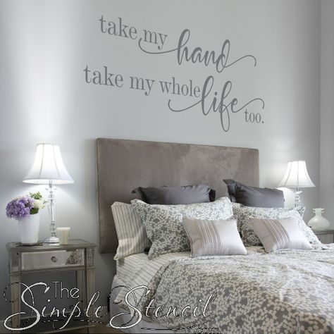 Order a beautiful wall decal for your master bedroom to surprise your spouse this Valentine's Day. More romantic designs found here ----> plus get FREE SHIPPING this week! #romanticquotes #valentinesday #masterbedroomdecor #weddingdecor #elvispresley #fallinginlove #romance #masterbedroom #homedecor #trendytuesday #TheSimpleStencil Focal Point Wall, Relationship Sayings, Romantic Wall Decor, Brighten Room, Chic Bedroom Design, Vinyl Wall Lettering, Romantic Wall Art, Take My Hand, Vinyl Wall Quotes