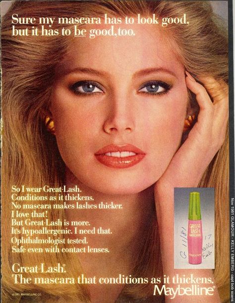 1980s Maybelline Mascara Advertisement 1980s Makeup, Kelly Emberg, Vintage Makeup Ads, Maybelline Mascara, 80s Makeup, Beauty Advertising, Makeup Ads, Great Lash, Retro Makeup