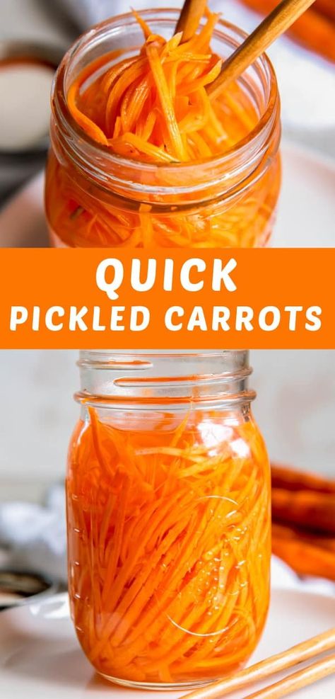 This Quick Pickled Carrots recipe comes together with a few simple ingredients and only 5 minutes of hands-on prep. No canning or water bath needed! Serve them over salads, sandwiches, tacos and more! Easy Pickled Carrots Recipe, Quick Pickled Carrots, Pickled Items, Pickled Carrots Recipe, Pickled Carrot, Carrots Recipe, Quick Pickled, Canned Food Storage, Pickled Carrots