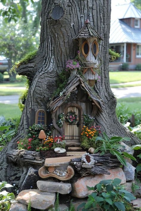 🍄Can't Get Enough of This Beautiful Decor Fairy Garden Ideas Enchanted Forest, Stump House, Garden Corner Ideas, Glowing Fairy, Tree Stump Decor, Fairies Garden, Fairy House Crafts, Corner Ideas, Garden Corner