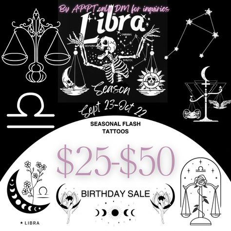 HAPPY LIBRA SEASON🌙 Sun moon or rising LIBRAS can score a deal on any SEASONAL flash tattoos 👻INCLUDING SPOOKY SEASON FLASH TATTOOS👻 #eclipseinktattoos #eclipseink #eclipse #everythingeclipse #libra #libraseason #libragang #libraseason♎️ #libras #tat #tats #tatt #tatts #tattt #tattts #tato #tatos #tatto #tattos #tattoos #tattoo #tatoo #tatoos #tattooo #tattoooftheday #tattooofinstagram #tatttoo #tatttoos #explore #explorepage Libra Season, Flash Tattoos, Every Thing, Sun Moon, Flash Tattoo, 50th Birthday, Spooky Season, Ink Tattoo, Tatting