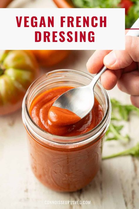 This vegan French dressing blends up smooth and creamy in minutes. It's way more delicious than store-bought dressing, and made entirely from pantry staples! It's gluten-free too! French Dressing Recipe, Sweet Salad Dressings, Apple Walnut Salad, Vegan Salad Dressing, Vegan French, Roasted Vegetables Oven, Vegan Worcestershire Sauce, Vegan Dressing, Raw Spinach