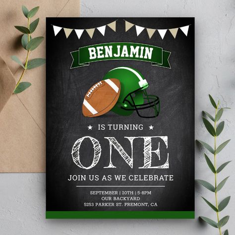 Chalkboard Sports Football 1st Birthday Party Invitation Postcard Football 1st Birthday Party, Football Baby Shower Invitations, Football Theme Birthday, Sports Birthday Invitations, Football Baby Shower, Football Birthday Party, 1st Birthday Party Invitations, Sports Birthday, Football Birthday