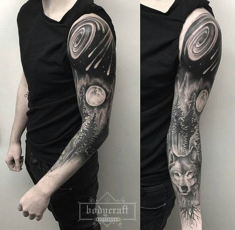 Nottingham UK on Instagram: “Wolf galaxy sleeve Artist: Kev Instagram: @kevrichardsontattoo Studio: Bodycraft, Excise Chambers #wolfsleeve #spacesleeve #blacksleeve…” Wolf Space Tattoo, Galaxy Sleeve, Space Sleeve, Galaxy Black And White, Grey Galaxy, Nature Sleeve, Wolf Sleeve, Moving On Tattoos, Cosmic Tattoo