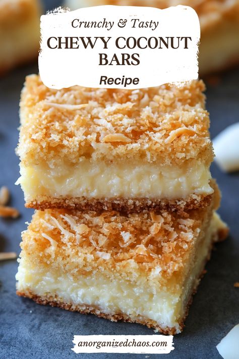 These Chewy Coconut Bars are made with simple ingredients: butter, eggs, flour, sugar, vanilla, unsweetened coconut flakes, and the secret ingredient—marshmallows. They're the perfect treat to enjoy with coffee or tea, and for an extra indulgent experience, warm them in the microwave for 10-15 seconds and top with a scoop of vanilla ice cream. In Coconut Butterscotch Bars, Coconut Macrons Recipes, Cranberry Coconut Bars, Chewy Coconut Bars, Coconut Treats Easy, Coconut Baking Recipes, Unsweetened Coconut Recipes, Recipes Using Coconut Cream, Coconut Desserts Easy