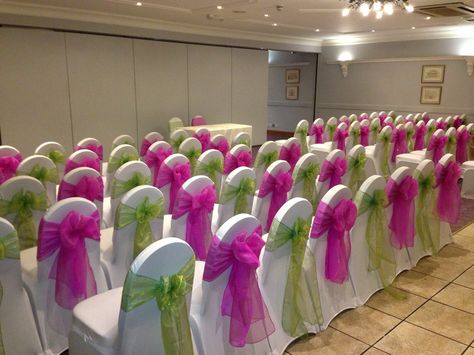 Celebration Events - white lycra covers with alternating hot pink & lime green sashes :) Lime Green Decorations Party, Lobola Outfits, Haldi Ideas, Jewel Tone Wedding Theme, Marquee Decoration, Pink Green Wedding, Pink Engagement, Hot Pink Weddings, Halloween Themed Wedding