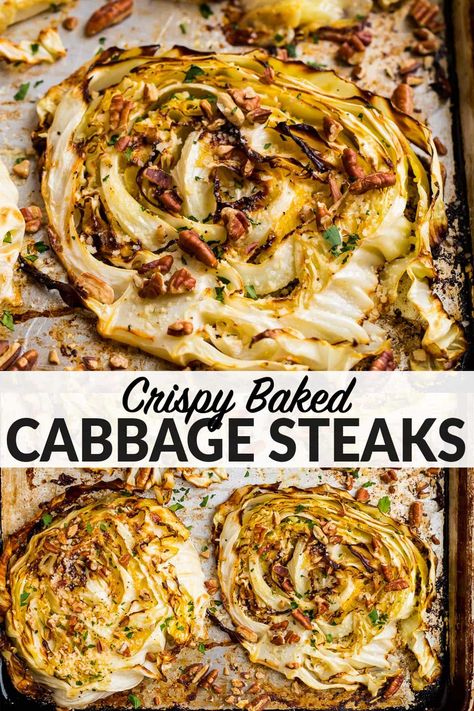 Roasted Cabbage Steaks are an easy, flavorful, low carb side you can eat with so many things. Thick cabbage slices are tossed with simple seasonings, then baked or grilled to crispy perfection and topped with Parmesan, nuts, and even bacon! Healthy, keto friendly, Paleo, and Whole30 friendly! #cabbagesteaks #lowcarbrecipes #ketorecipes #wellplated Grilling Cabbage, Grill Cabbage, Cabbage Steaks In Oven, Boil Cabbage, Roasted Cabbage Recipes, Avocado Dinner, Risotto Dinner, Best Cabbage Recipe, Zucchini Dinner