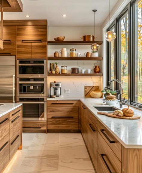 White Counter Wood Cabinets, Oak And Brick Kitchen, Cottage Kitchen Natural Wood Cabinets, Kitchen Tiles Backsplash Oak Cabinets, Quartz Countertops With Oak Cabinets Backsplash, Homey Oak Cabinet Kitchen, Stone Backsplash Kitchen Oak Cabinets, Wood Kitchens, Light Wood Kitchens