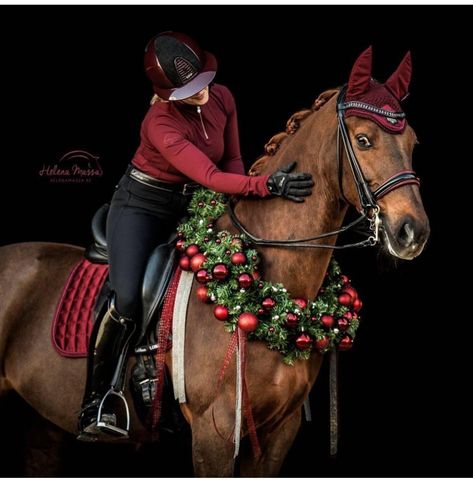 Christmas Stable Horse, Christmas Photoshoot With Horse, Horse Holiday Photos, Horse Wreath Photoshoot, Horse Christmas Parade Ideas, Christmas Horse Stall, Horse Christmas Photoshoot, Christmas Horse Photoshoot, Winter Horse Photoshoot